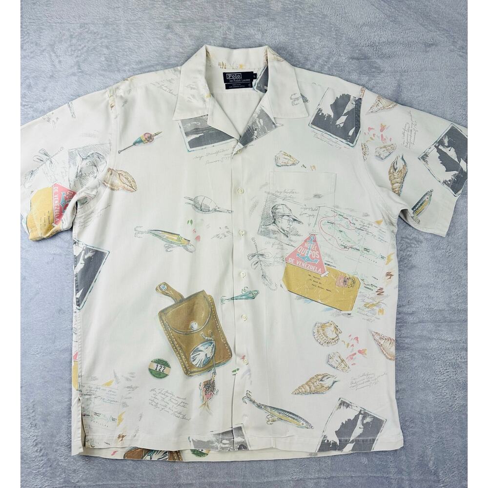 Vintage Polo by Ralph Lauren Hemingway Print Camp Collar Button Down Shirt Large